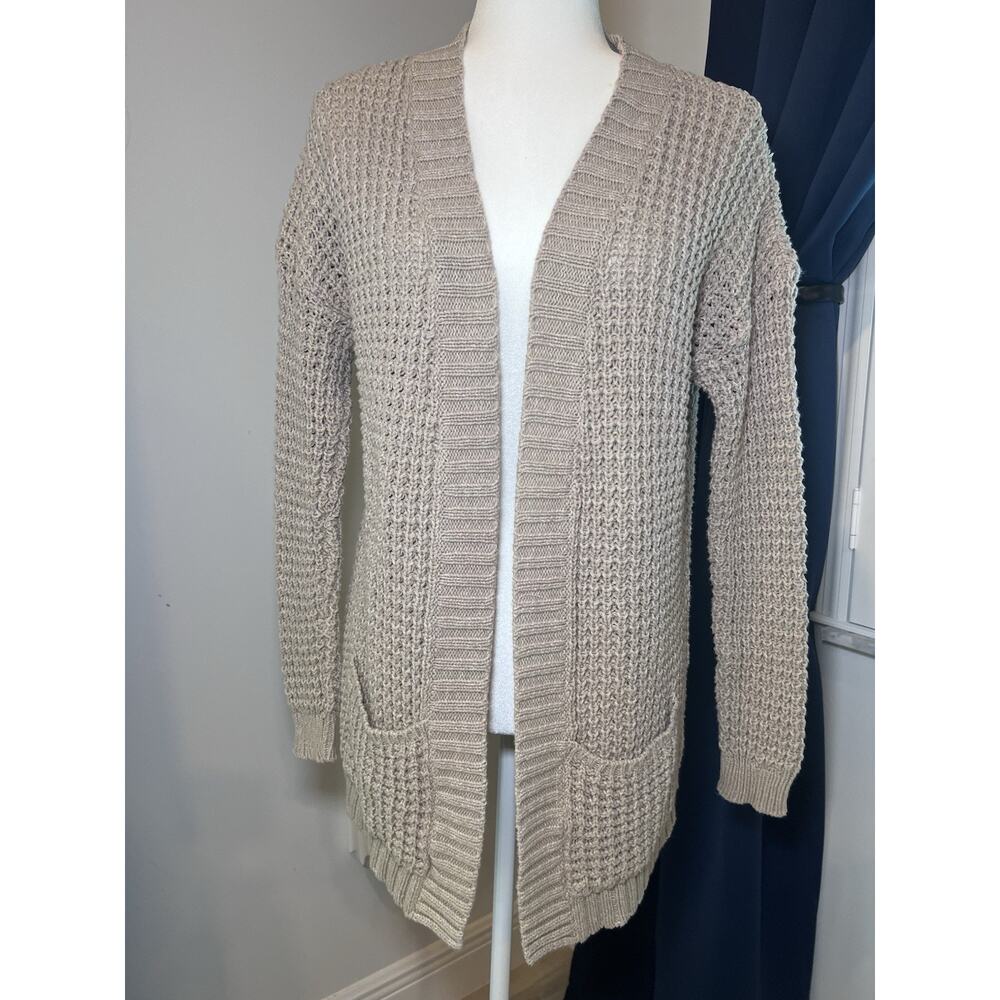 EXPRESS (S) Womens-Chunky-Waffle Knit-Beige-Open Front Cardigan-Sweater-Pockets-